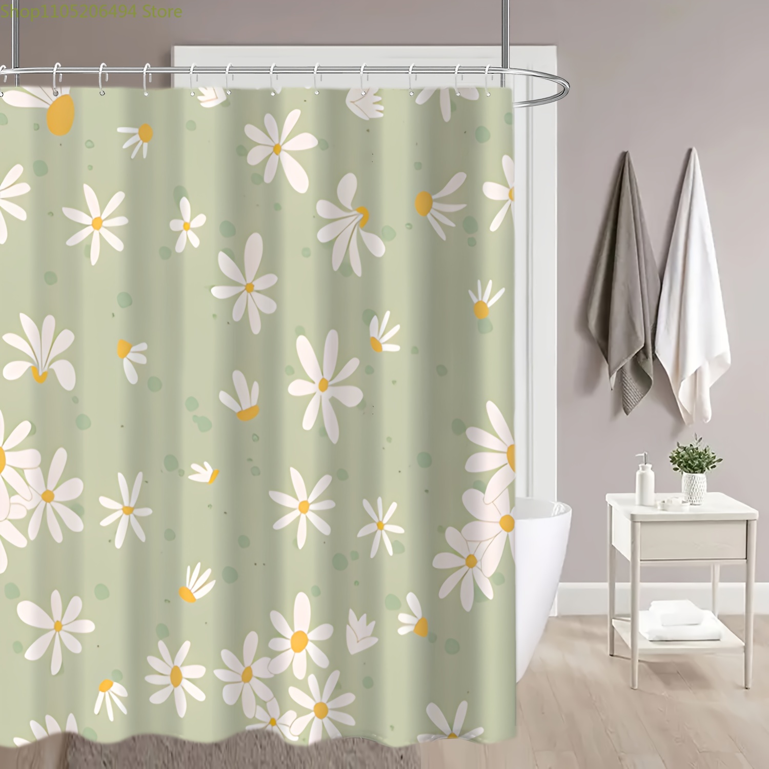 Home Bathroom Design Ideas - Schattig douchegordijn met madeliefjesbloemen, pastelgroen patroonontwerp,