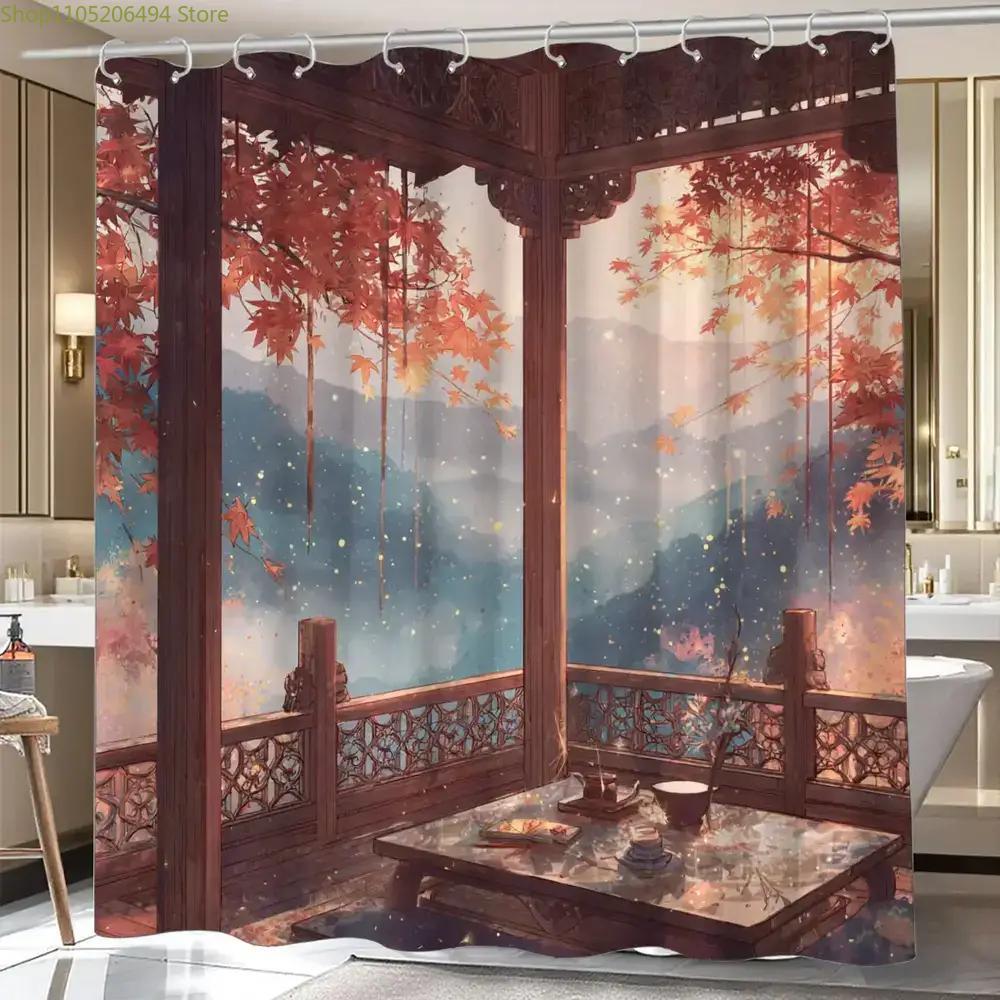 Home Bathroom Design Ideas - Chinese herfstpaviljoen douchegordijn, traditioneel tuinlandschap ontwerp,