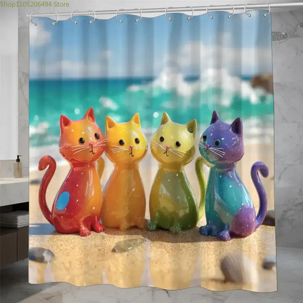 Home Bathroom Design Ideas - Kleurrijk regenboogkatten douchegordijn schattig cartoon kitten