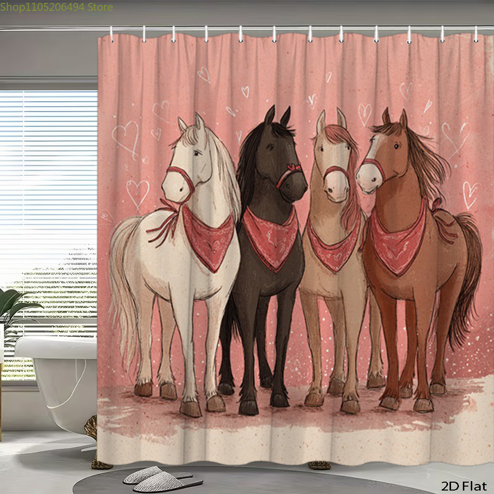 Home Bathroom Design Ideas - Schattig paarden douchegordijn, cartoon dierenontwerp, waterdichte